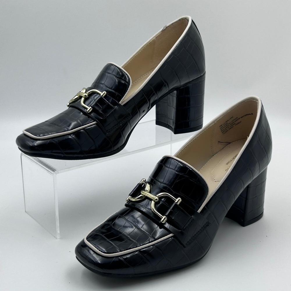 Liz Claiborne Heeled Loafers 7 Black Croc Embossed Horsebit Preppy Officecore - Picture 2 of 10